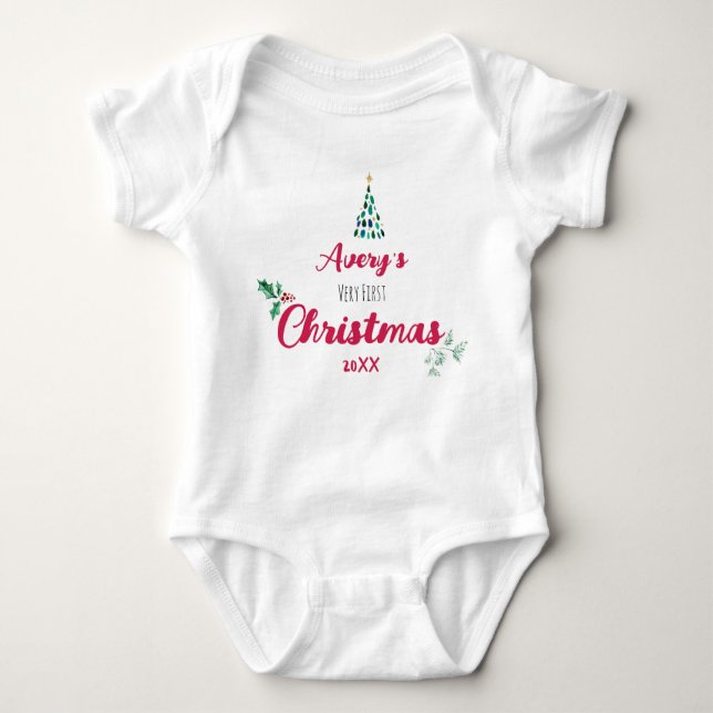 Body Para Bebé Nombre personalizado y año de la primera Navidad (Anverso)