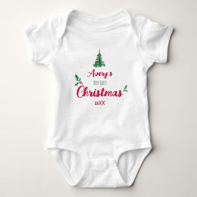 Body Para Bebé Nombre personalizado y año de la primera Navidad (Anverso)