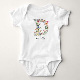 Body Para Bebé Nombre personalizado y monograma floral 'D'