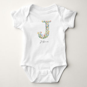 Body Para Bebé Nombre personalizado y monograma floral 'J'