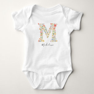 Body Para Bebé Nombre personalizado y monograma floral 'M'