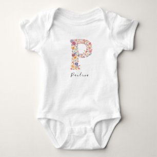 Body Para Bebé Nombre personalizado y monograma floral 'P'