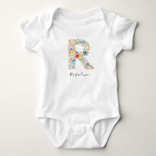 Body Para Bebé Nombre personalizado y monograma floral 'R'