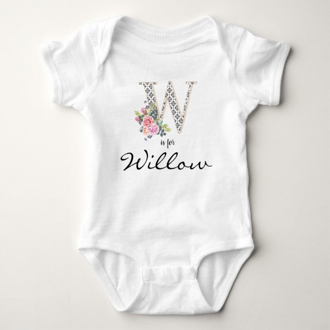 Body Para Bebé Nombre Willow Revelar Letra floral W Flor retro (Anverso)