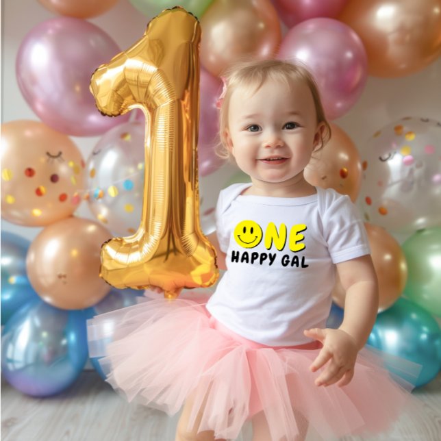 Body Para Bebé One Happy Gal First Birthday Yellow Smiley (Subido por el creador)