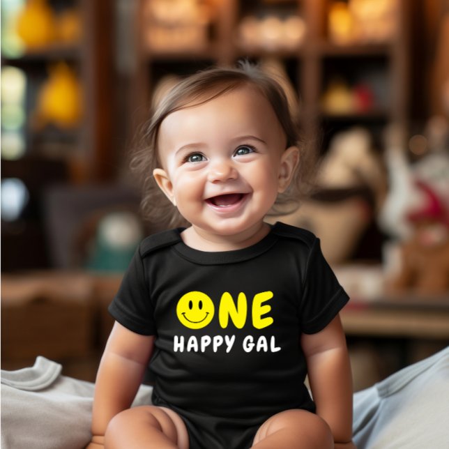 Body Para Bebé One Happy Gal First Birthday Yellow Smiley (Subido por el creador)