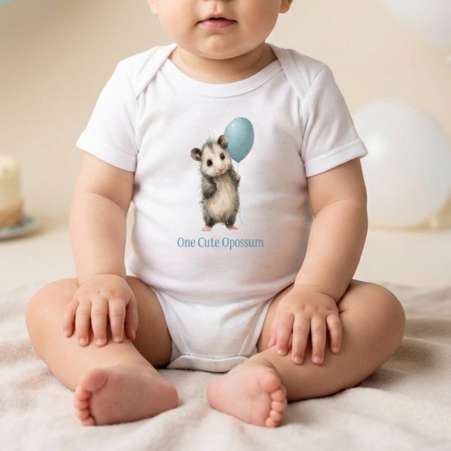 Body Para Bebé Opossum Birthday Romper • Woodland Animal Outfit (birthday romper with watercolor opossum holding balloon on soft neutral background)