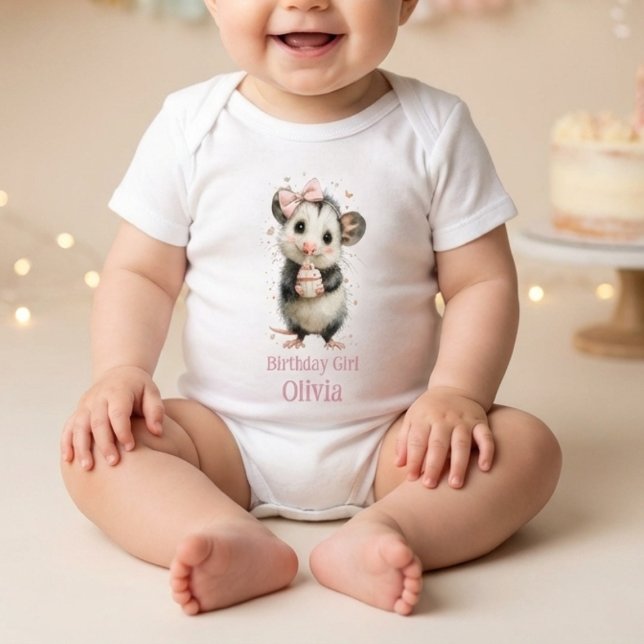 Body Para Bebé Opossum Birthday Romper • Woodland Animal Outfit (cute baby romper with watercolor opossum and birthday girl name on soft party background)