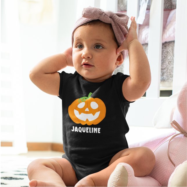 Body Para Bebé Orange Halloween Pumpkin with Name (Subido por el creador)