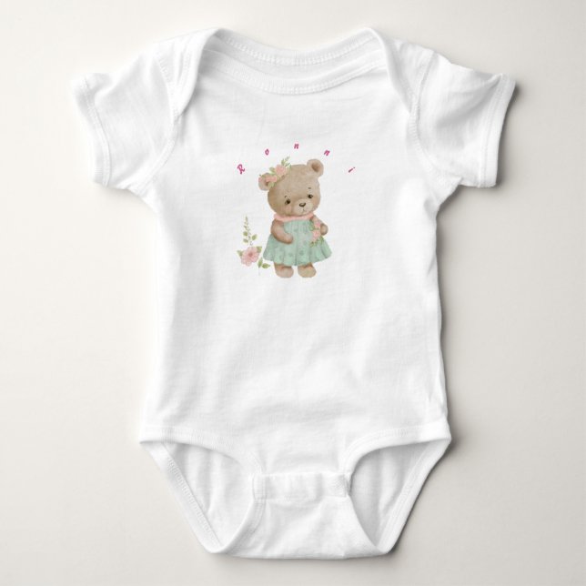Body Para Bebé oso de peluche lindo en un vestido con peonías (Anverso)