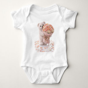 Body Para Bebé Oso de peluche lindo sosteniendo un ramo de rosas