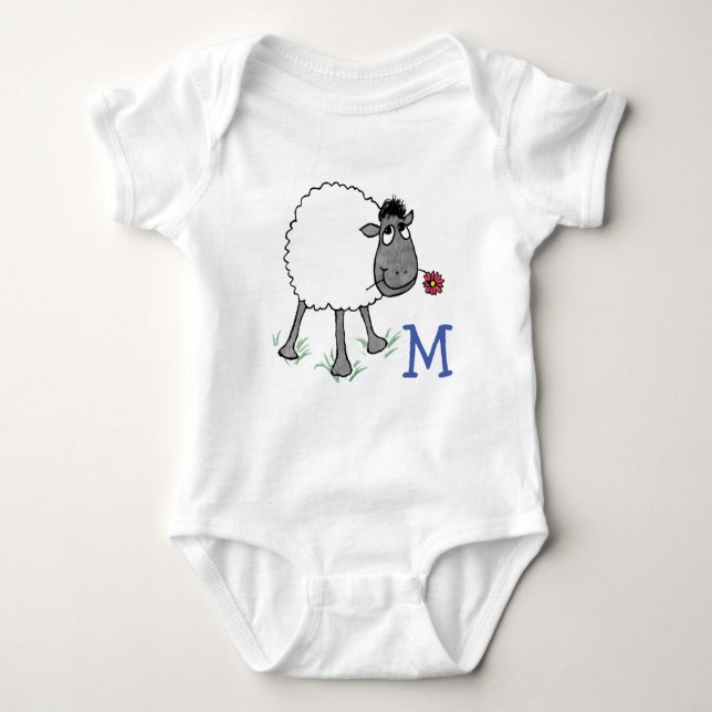 Body Para Bebé Oveja tonta monogramada con flor roja (Anverso)