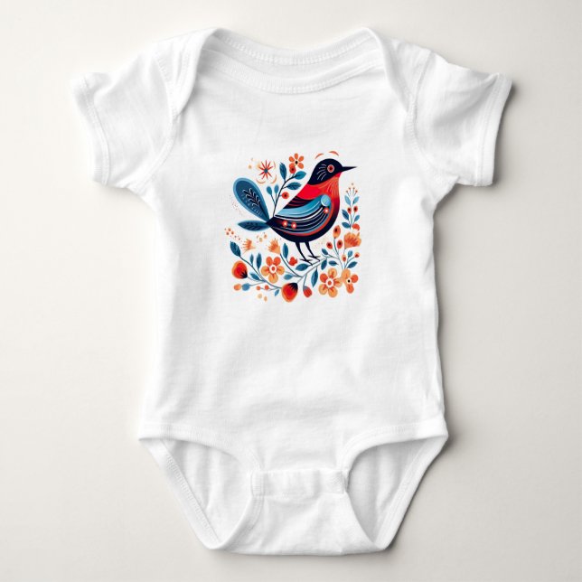 Body Para Bebé Pájaro azul y rojo con flores (Anverso)