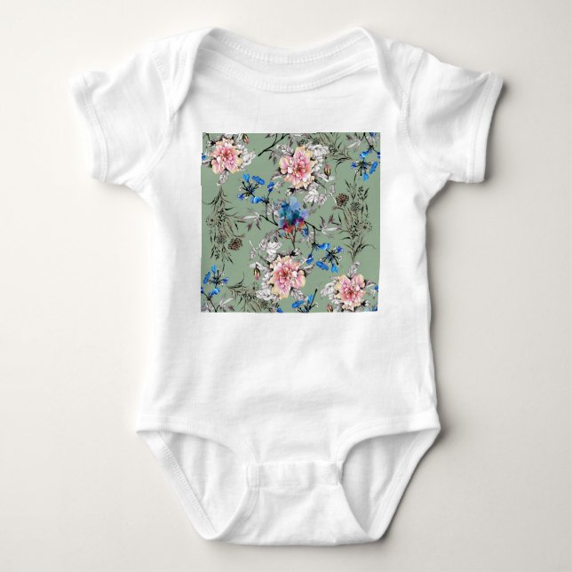 Body Para Bebé Patrón de acuarela floral de fondo verde. (Anverso)