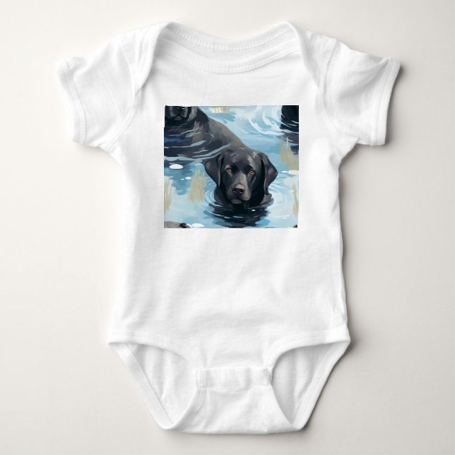 Body Para Bebé Patrón de Labrador Negro Nadando (Anverso)