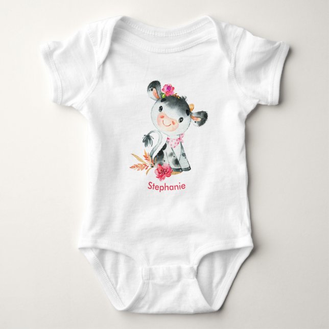 Body Para Bebé Pequeña vaca vaca acuarela rosa (Anverso)