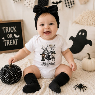 Body Para Bebé Personajes Vintage de Halloween Feliz en Blanco y 