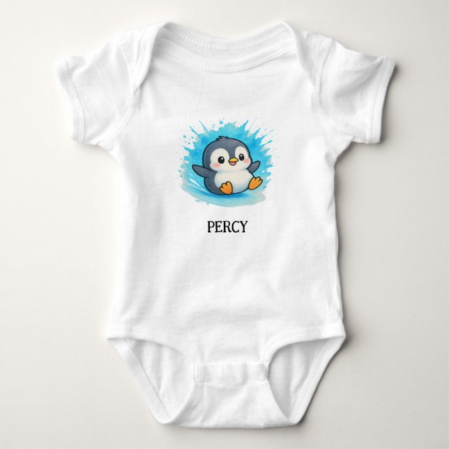Body Para Bebé Personalizado Baby Bodysuit - Percy Penguin Name O (Anverso)