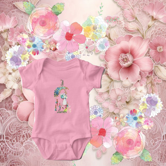 Body Para Bebé Personalizado de Monograma Floral de conejito de P (Funky Baby Mom Easter Bunny Floral Monogram Custom Baby Bodysuit)