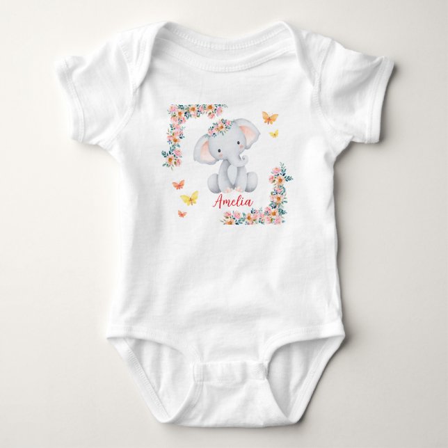 Body Para Bebé Personlized Name Baby Bodysuit Floral Elephant (Anverso)