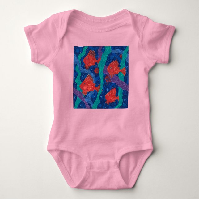 Body Para Bebé Pescado rojo, algas marinas, animales marinos, art (Anverso)