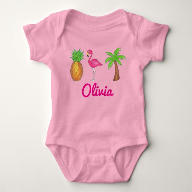 Body Para Bebé Pineapple Flamingo Pink Palm Tree personalizada (Anverso)
