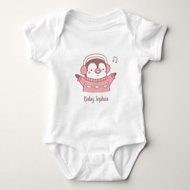 Body Para Bebé Pingüino lindo en suéter, personalizado (Anverso)