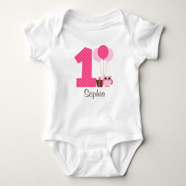 Body Para Bebé Pink Brown Owl Polka Dot Primer Chica de Cumpleaño (Anverso)
