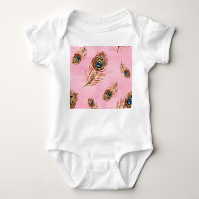 Body Para Bebé Plumas de pavo real de oro, acuarela patrón sin fi (Anverso)
