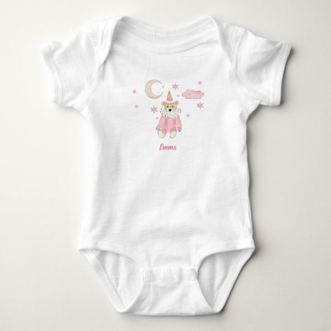 Body Para Bebé Precioso oso oso rosa de peluche, luna y estrellas (Anverso)
