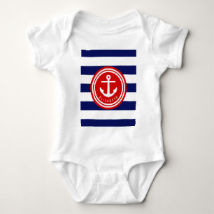Body Para Bebé Preppy Navy Rayas Náuticas Ancla Monograma en Rojo