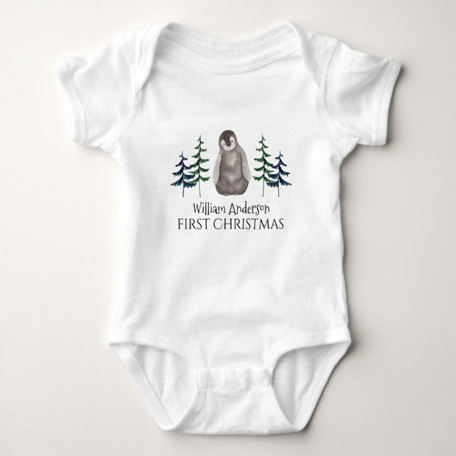 Body Para Bebé Primer bebé de Navidad pingüino y árbol personaliz (Anverso)