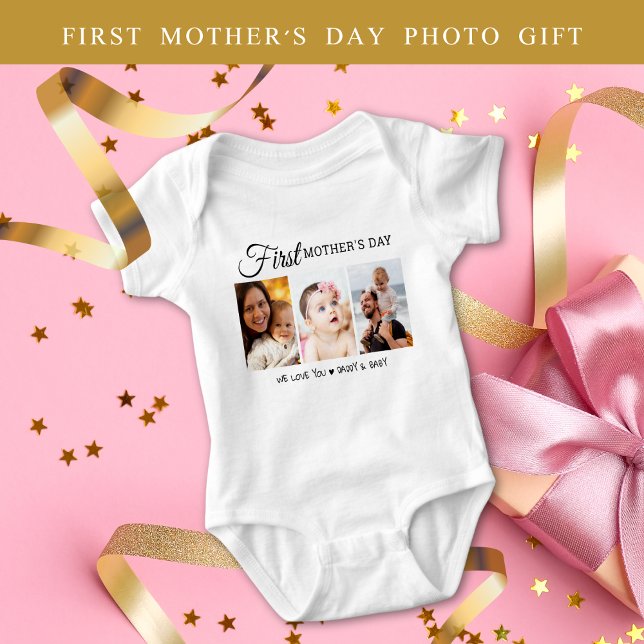 Body Para Bebé Primer Collage de fotos personalizado del tercer d (Personalized First Mother’s Day 3 Photo Collage Baby Bodysuit
)