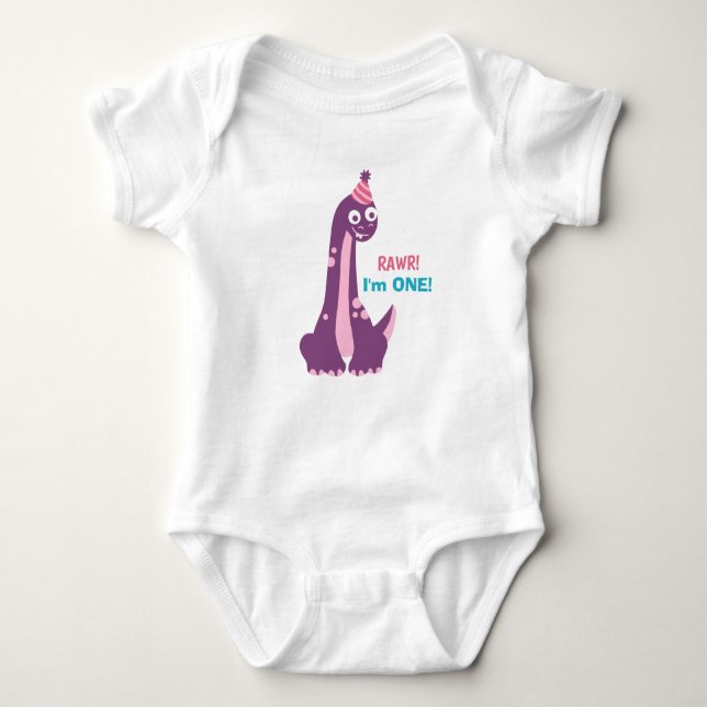 Body Para Bebé Primer cumpleaños, Rawr. Tengo 1, Fiesta Cute Dino (Anverso)