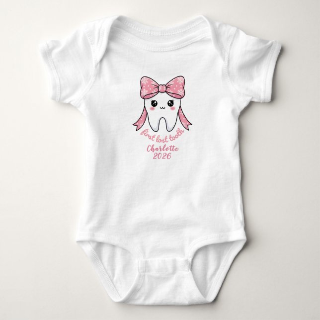 Body Para Bebé Primer diente de bebé lazo rosa Kawaii hito (Anverso)