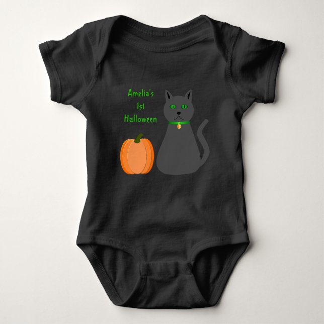 Body Para Bebé Primer Halloween de felina y calabaza (Anverso)