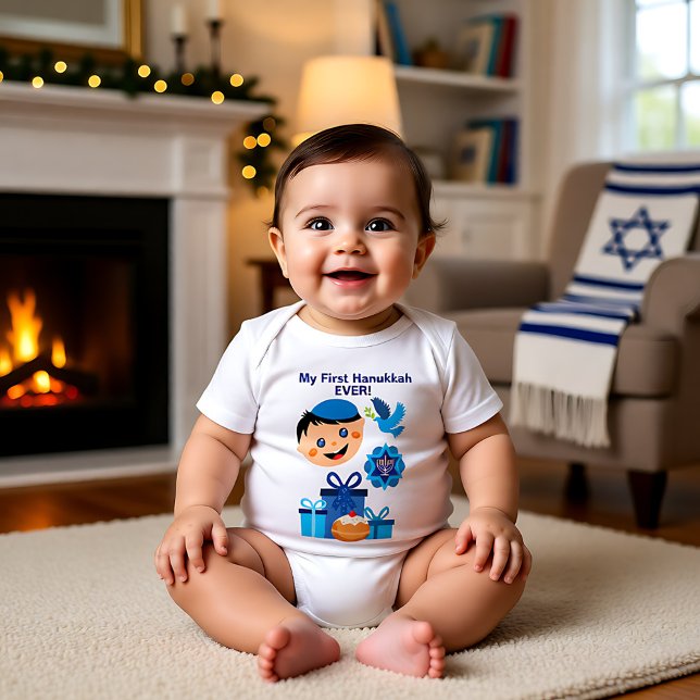 Body Para Bebé 👶 🍩 primer Hanukkah del bebé - con feliz bebé ju (Baby's 1st Hanukkah - with happy Jewish baby Baby Bodysuit)