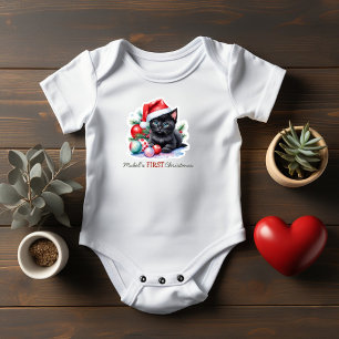 Body Para Bebé Primer Navidad del bebé Gato negro con sombrero de