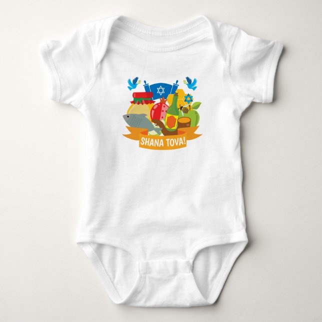 Body Para Bebé 🍯 🍎 🐟 Primer Rosh Hashanah con texto personaliz (Anverso)