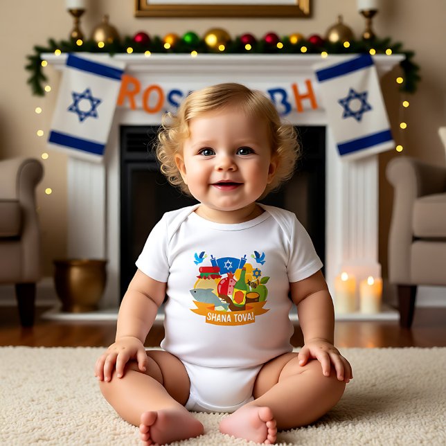 Body Para Bebé 🍯 🍎 🐟 Primer Rosh Hashanah con texto personaliz (🍯 🍎🐟 First Rosh Hashanah with custom text Baby Bodysuit)