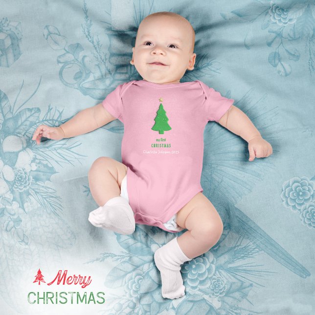 Body Para Bebé Primera estrella del árbol de navidad nieve suave  (Merry Christmas Green Tree Star Snow Minimalist Baby Bodysuit ©Susanne Sachers - Sunny Mind 🌞)