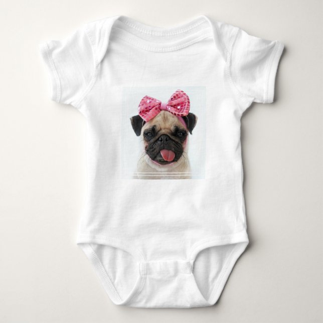 Body Para Bebé Pug con arco rosado (Anverso)