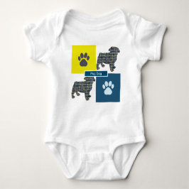 Body Para Bebé Pug Dog Silhouette Dog & Paw Yellow & Blue Grid