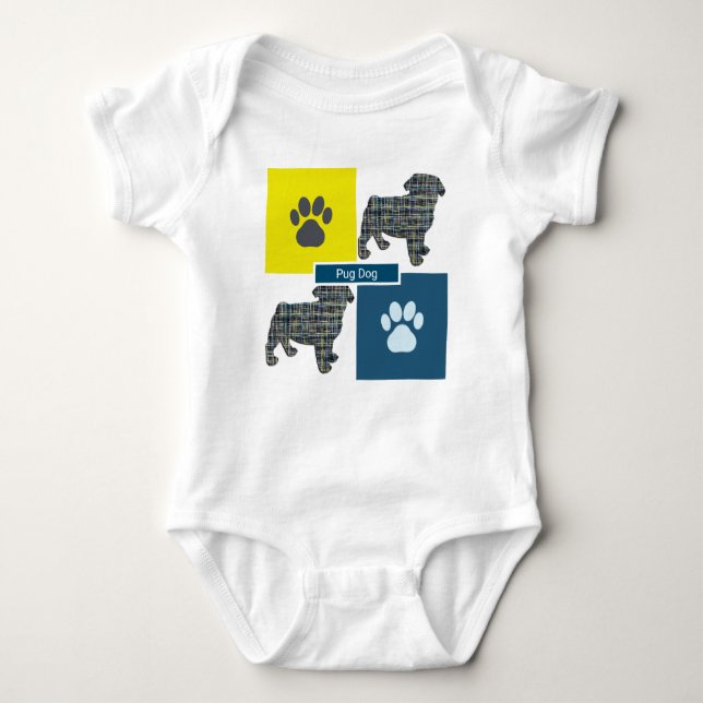 Body Para Bebé Pug Dog Silhouette Dog & Paw Yellow & Blue Grid (Anverso)
