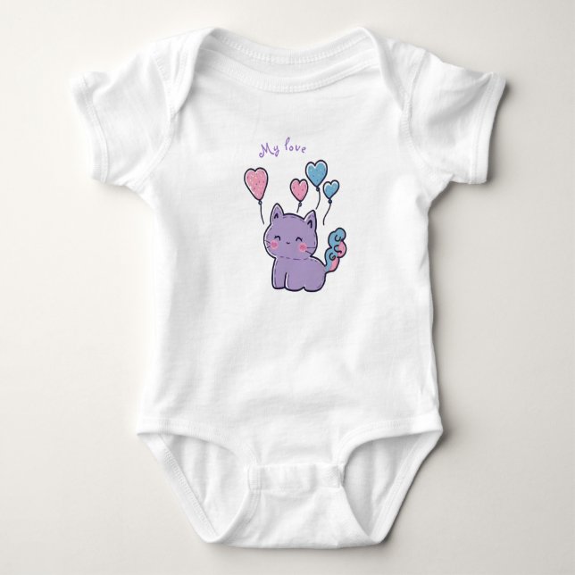 Body Para Bebé Purple anime kitten and hearts, personalized (Anverso)