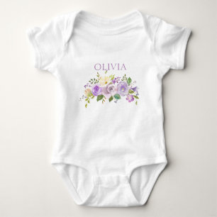 Body Para Bebé Púrpura floral personalizada de la acuarela linda