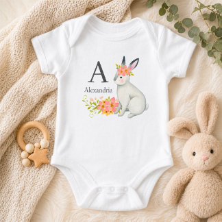 Body Para Bebé Rabbit with Pink Flowers Monogram