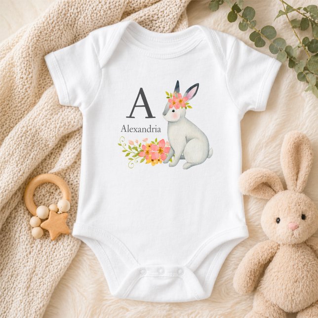 Body Para Bebé Rabbit with Pink Flowers Monogram (Subido por el creador)