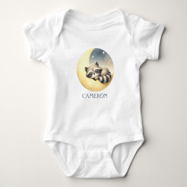 Body Para Bebé Raccoon en una luna! Nombre personalizado gracioso (Anverso)