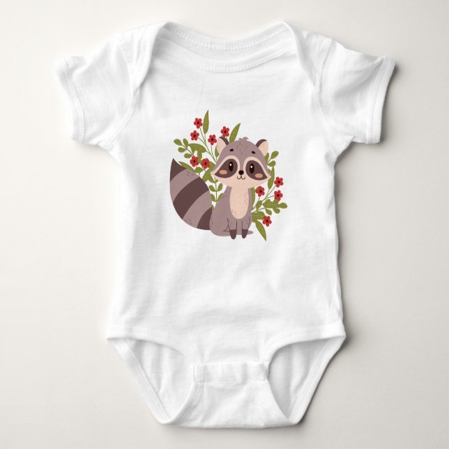 Body Para Bebé Raccoon lindo con flores (Anverso)